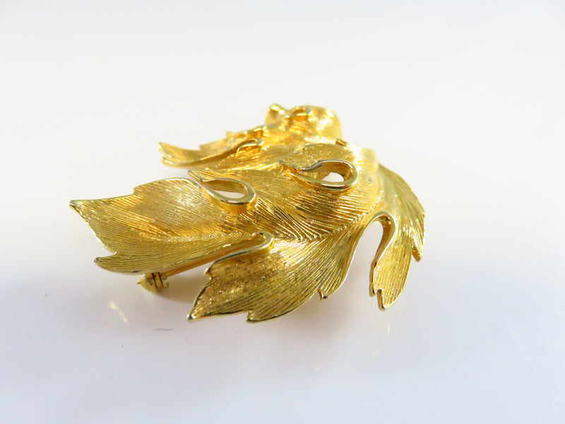 c1970's Textured Blowing Leaf Brooch Gold Tone M.J. Ent 2 1/4 x 1 3/4