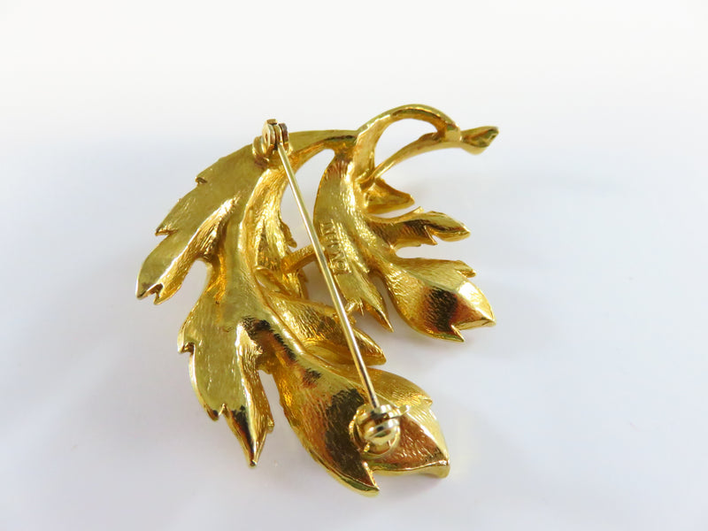 c1970's Textured Blowing Leaf Brooch Gold Tone M.J. Ent 2 1/4 x 1 3/4