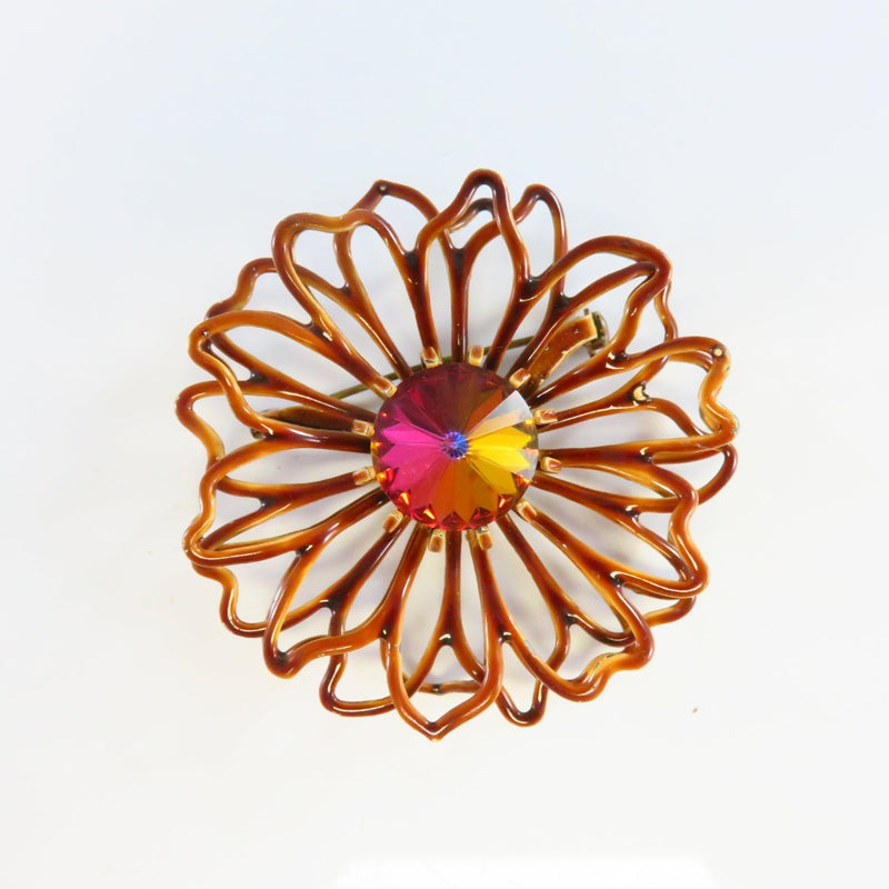 Vintage Enameled Flower Brooch with Rhinestone Center Rivoli? 2 1/4"