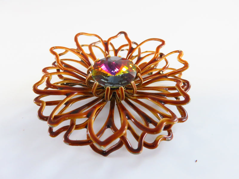 Vintage Enameled Flower Brooch with Rhinestone Center Rivoli? 2 1/4"