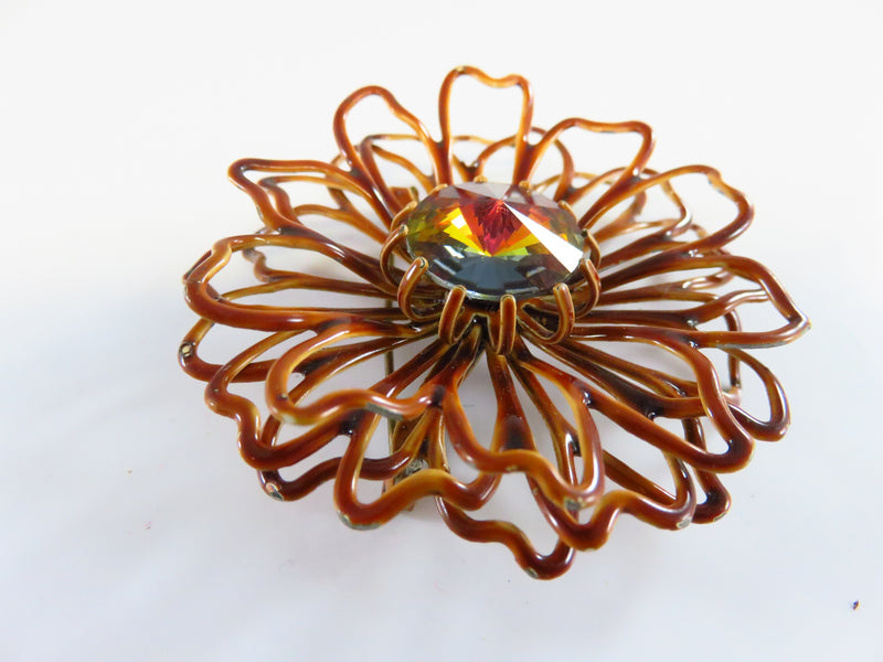 Vintage Enameled Flower Brooch with Rhinestone Center Rivoli? 2 1/4"