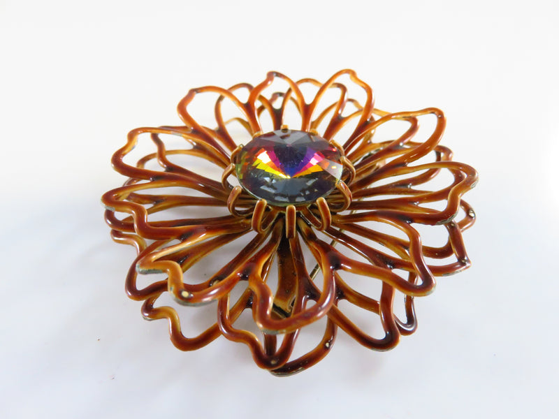 Vintage Enameled Flower Brooch with Rhinestone Center Rivoli? 2 1/4"