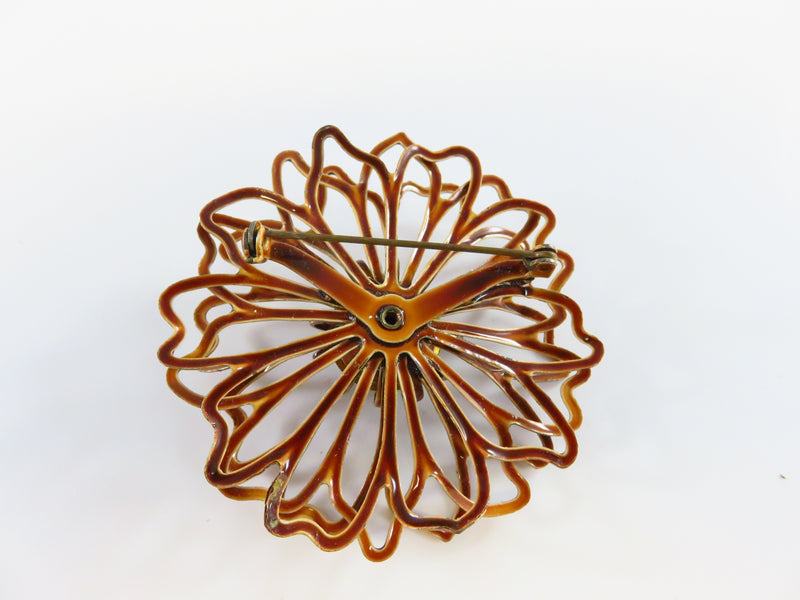 Vintage Enameled Flower Brooch with Rhinestone Center Rivoli? 2 1/4"