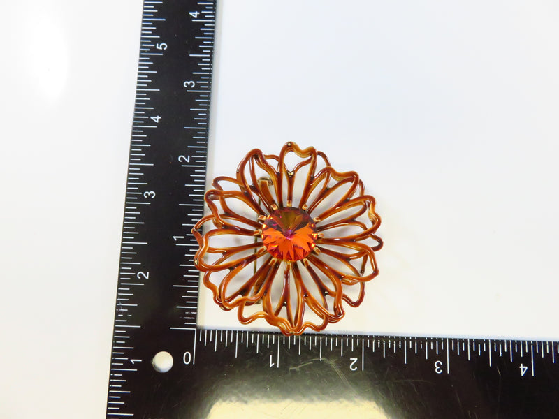 Vintage Enameled Flower Brooch with Rhinestone Center Rivoli? 2 1/4"