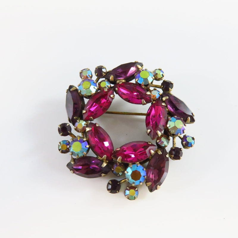 Weiss Purple Pink Glass and Aurora Borealis Wreath Brooch 2" x 2"