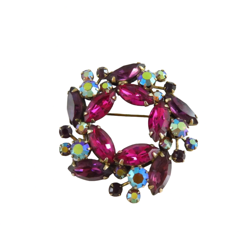 Weiss Purple Pink Glass and Aurora Borealis Wreath Brooch 2" x 2"