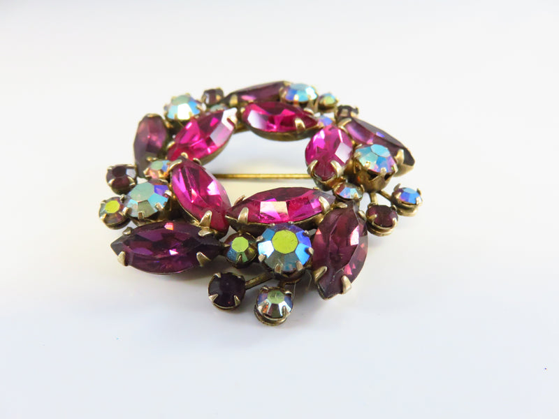 Weiss Purple Pink Glass and Aurora Borealis Wreath Brooch 2" x 2"