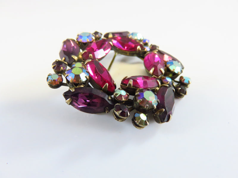 Weiss Purple Pink Glass and Aurora Borealis Wreath Brooch 2" x 2"