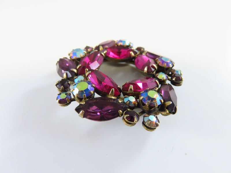 Weiss Purple Pink Glass and Aurora Borealis Wreath Brooch 2" x 2"