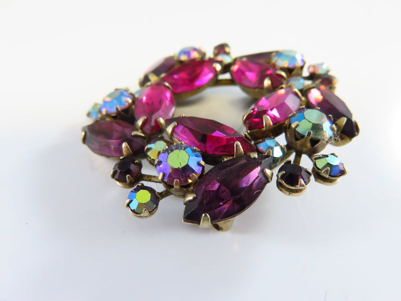 Weiss Purple Pink Glass and Aurora Borealis Wreath Brooch 2" x 2"