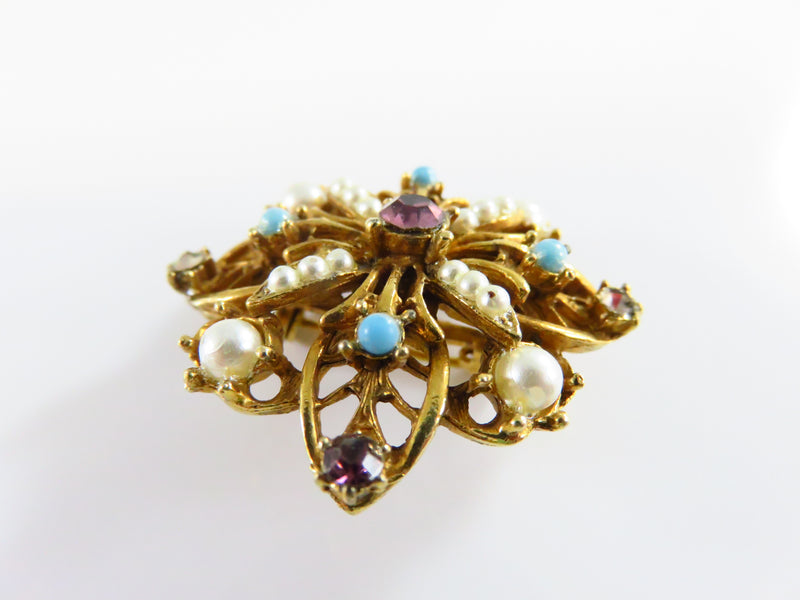 Victorian Revival Style Rhinestone Faux Pearl Accented Brooch Pin 1 3/8"