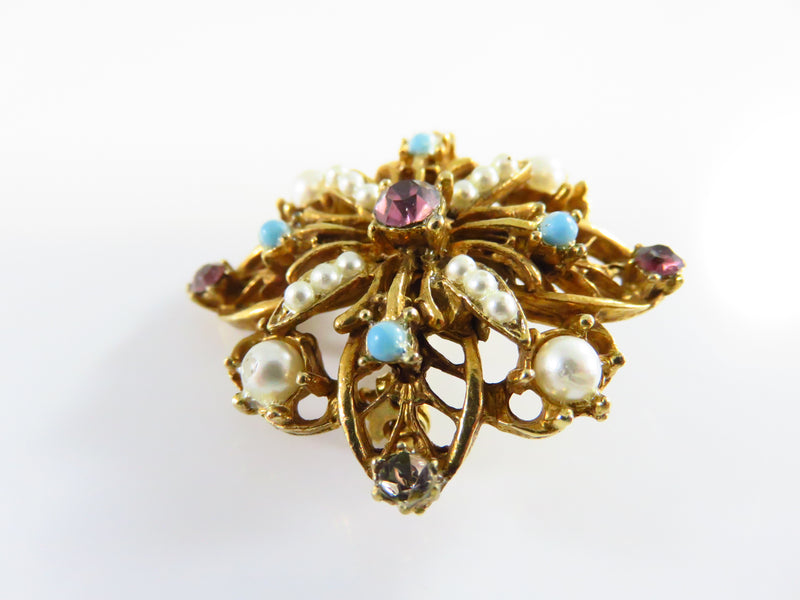 Victorian Revival Style Rhinestone Faux Pearl Accented Brooch Pin 1 3/8"