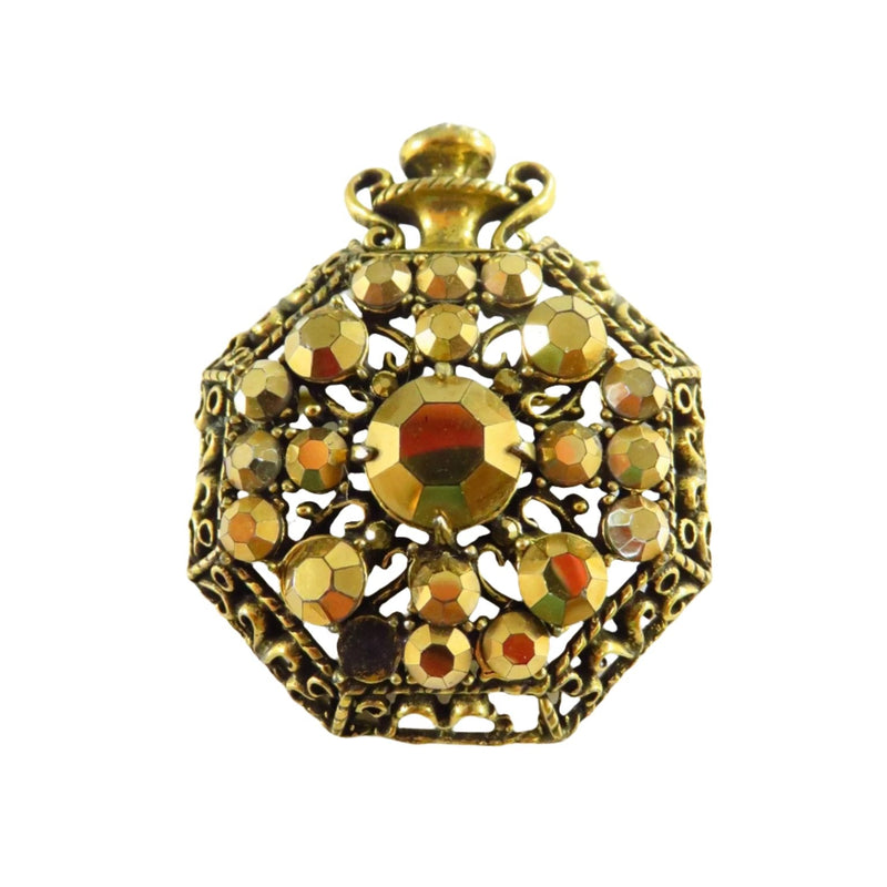 A Weiss Gold Rhinestone Sparkling Gold Tone Scent Bottle Brooch 2 1/4" — Gold — front view