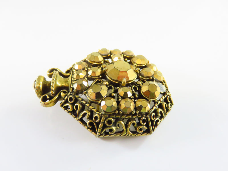 A Weiss Gold Rhinestone Sparkling Gold Tone Scent Bottle Brooch 2 1/4"