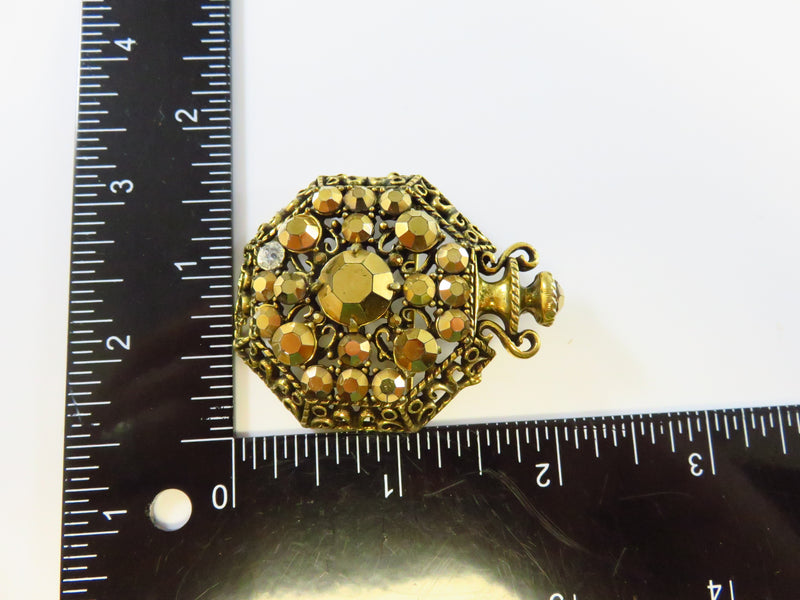 A Weiss Gold Rhinestone Sparkling Gold Tone Scent Bottle Brooch 2 1/4"