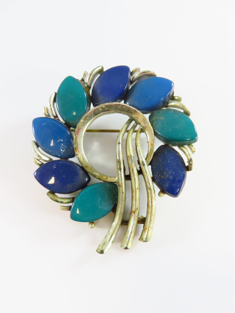 Lisner Moonglow Wreath Brooch Blue Teal Stone White Metal For Restoration