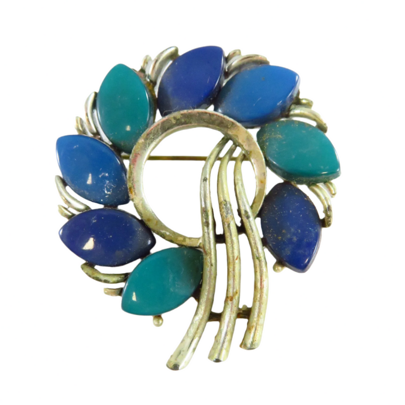 Lisner Moonglow Wreath Brooch Blue Teal Stone White Metal For Restoration