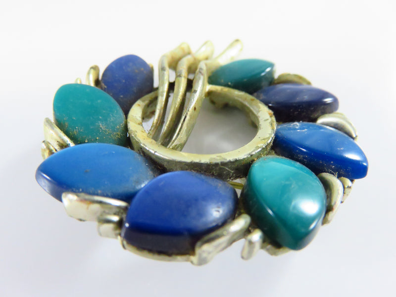 Lisner Moonglow Wreath Brooch Blue Teal Stone White Metal For Restoration