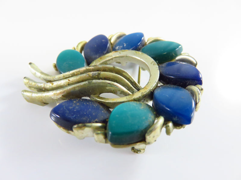 Lisner Moonglow Wreath Brooch Blue Teal Stone White Metal For Restoration