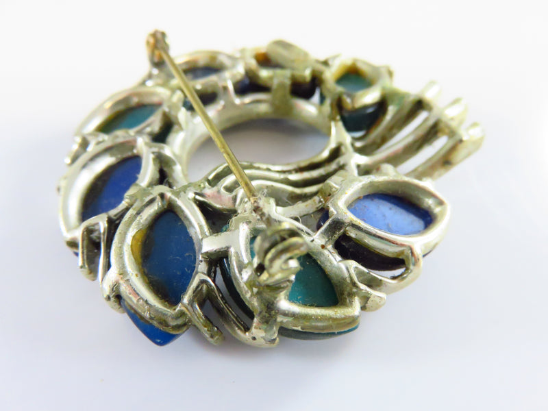 Lisner Moonglow Wreath Brooch Blue Teal Stone White Metal For Restoration