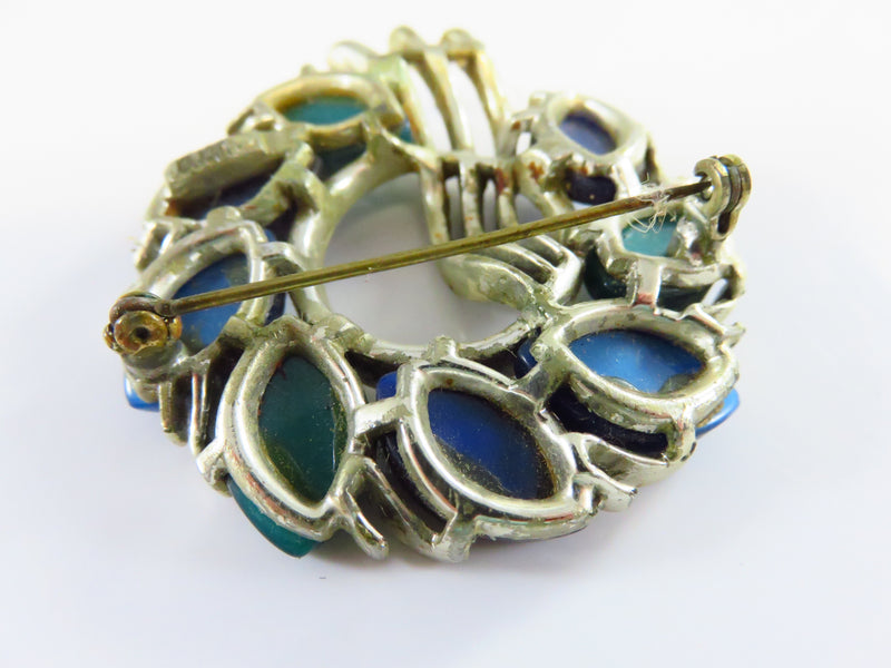 Lisner Moonglow Wreath Brooch Blue Teal Stone White Metal For Restoration