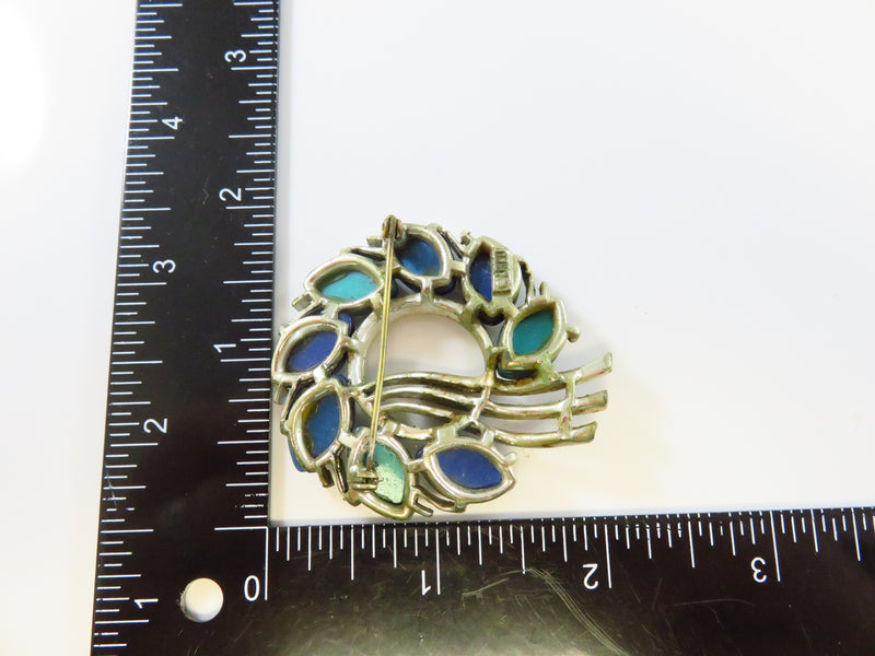 Lisner Moonglow Wreath Brooch Blue Teal Stone White Metal For Restoration