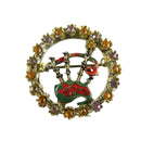 Nifty Vintage Bagpipe Brooch with Pink and Orange Stone Surround — Gold, Enamel — front view