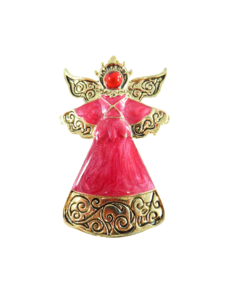 Angel Brooch Red Cabochon Head Lustrous Red Dress Gold Tone Body — Gold — front view