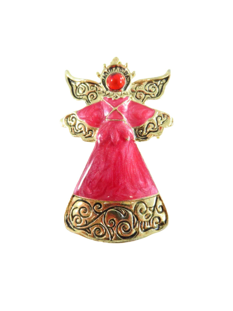 Angel Brooch Red Cabochon Head Lustrous Red Dress Gold Tone Body