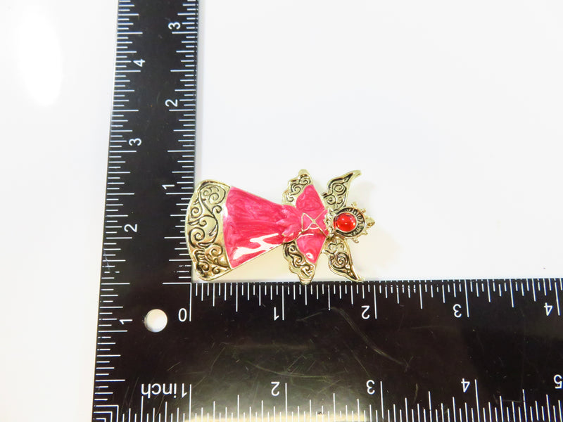 Angel Brooch Red Cabochon Head Lustrous Red Dress Gold Tone Body