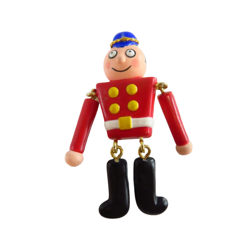 Hallmark Christmas Tin Soldier Brooch with Dangling Arms & Legs 2 1/8" — front view