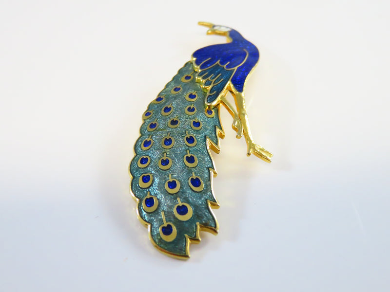 1998 FGA Peacock Brooch Pin Glittery Blue & Green Enamel Gold Tone Pin