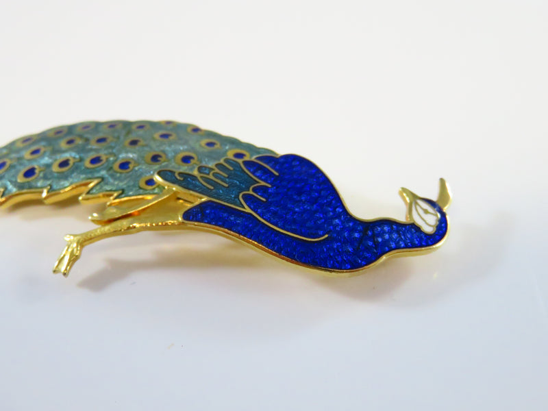 1998 FGA Peacock Brooch Pin Glittery Blue & Green Enamel Gold Tone Pin