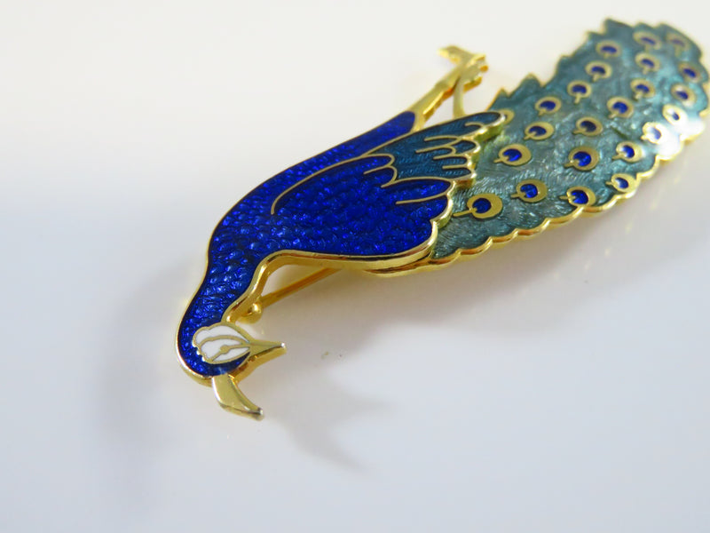 1998 FGA Peacock Brooch Pin Glittery Blue & Green Enamel Gold Tone Pin