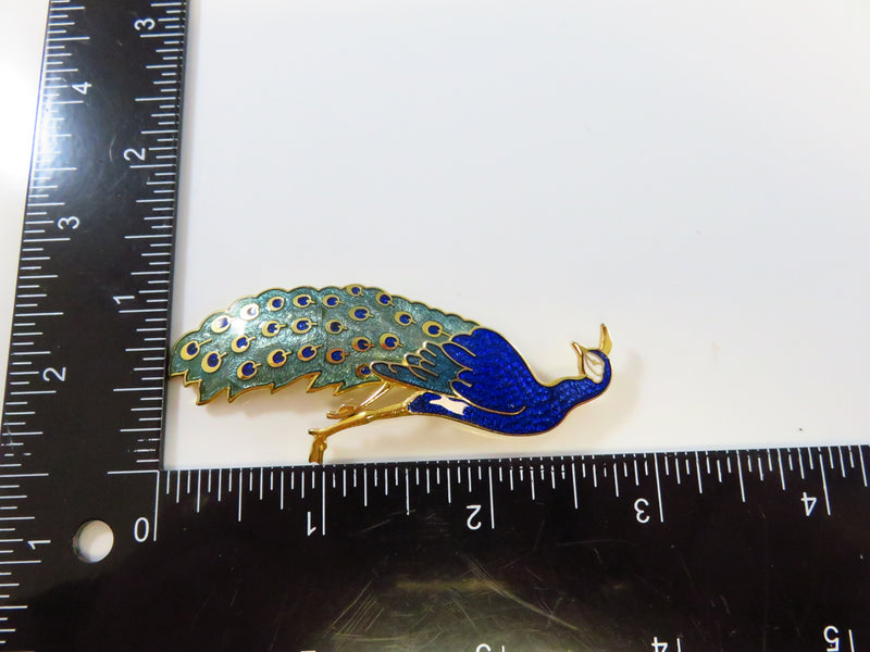 1998 FGA Peacock Brooch Pin Glittery Blue & Green Enamel Gold Tone Pin