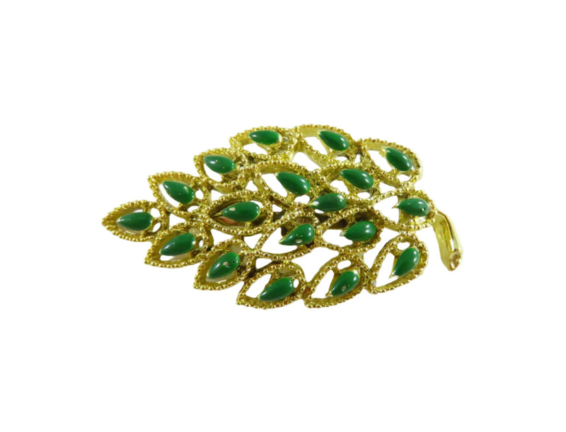 Gerry's Green Enamel Pierced Gold Tone Leaf Brooch Vintage 2 x 1