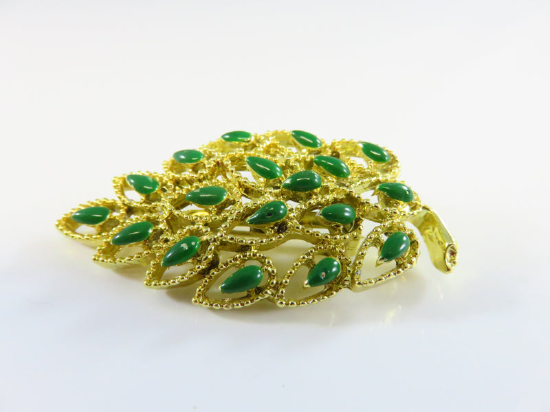 Gerry's Green Enamel Pierced Gold Tone Leaf Brooch Vintage 2 x 1