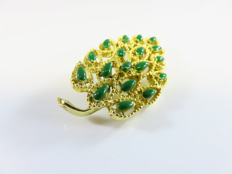 Gerry's Green Enamel Pierced Gold Tone Leaf Brooch Vintage 2 x 1