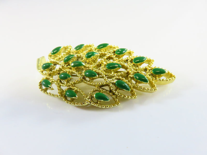 Gerry's Green Enamel Pierced Gold Tone Leaf Brooch Vintage 2 x 1