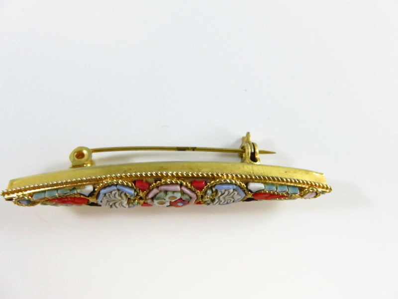 Micro Mosaic Gold Tone Bar Brooch Pin Twisted Wire Accented Italy 2 1/8"