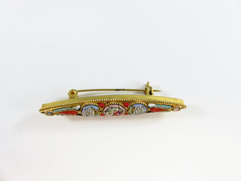 Micro Mosaic Gold Tone Bar Brooch Pin Twisted Wire Accented Italy 2 1/8"