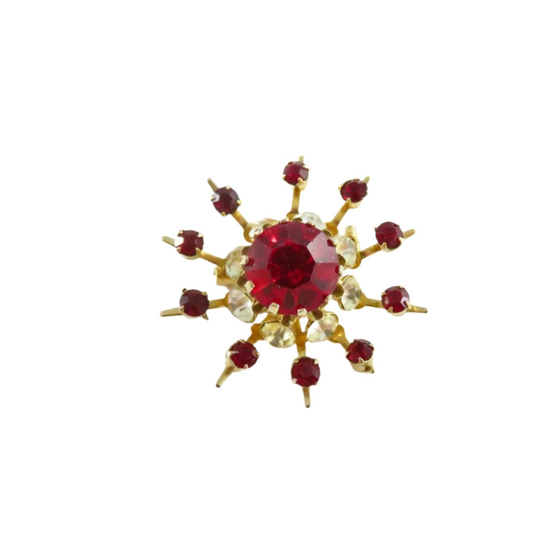 Starburst Rhinestone Brooch Red White Sparkle Gold Tone c1950's Coro Pin — Gold — front view
