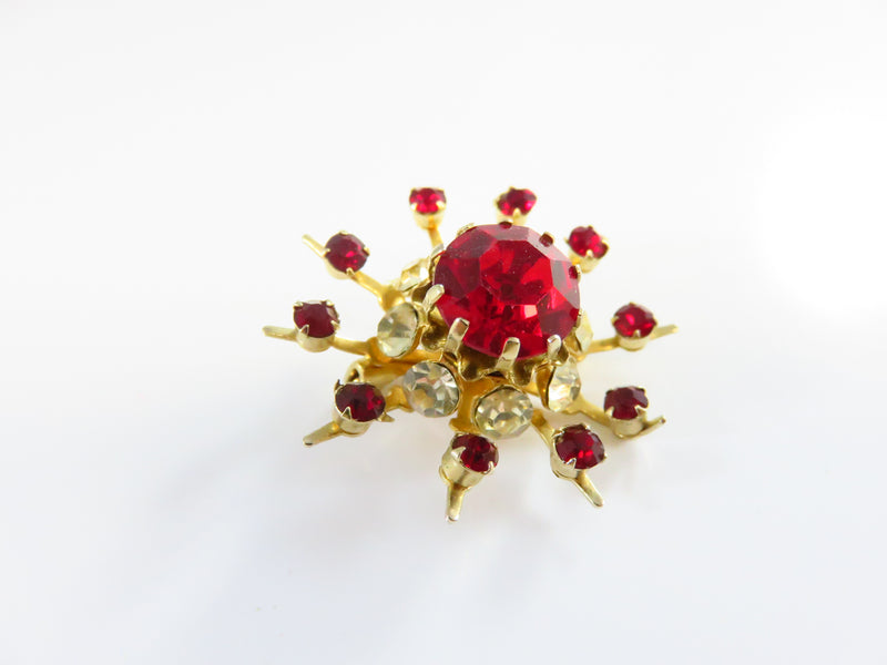 Starburst Rhinestone Brooch Red White Sparkle Gold Tone c1950's Coro Pin