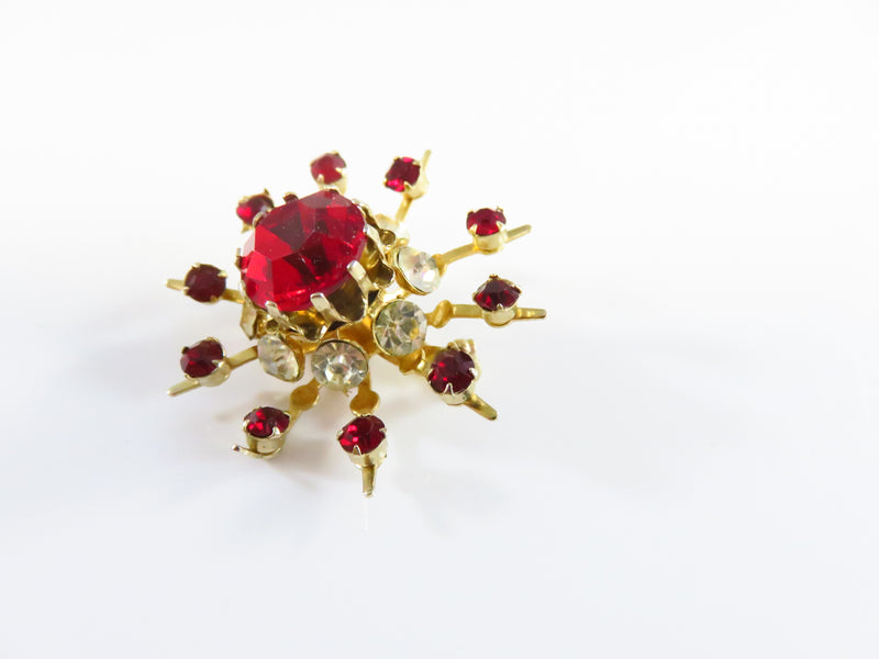 Starburst Rhinestone Brooch Red White Sparkle Gold Tone c1950's Coro Pin