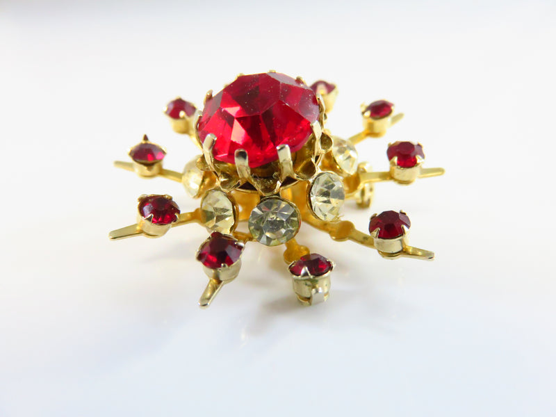 Starburst Rhinestone Brooch Red White Sparkle Gold Tone c1950's Coro Pin