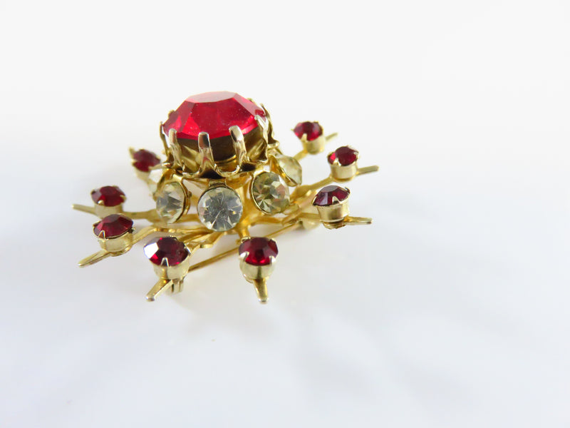 Starburst Rhinestone Brooch Red White Sparkle Gold Tone c1950's Coro Pin