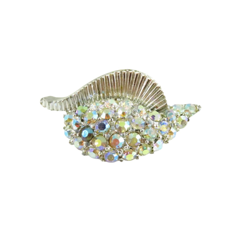 Vintage Shimmering Rainbow Iridescent Rhinestone Shell Silver Tone Brooch