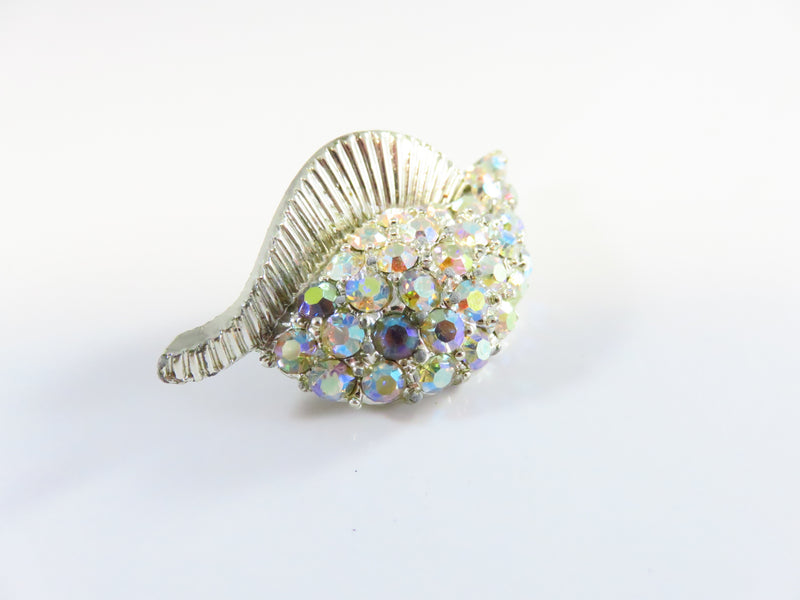 Vintage Shimmering Rainbow Iridescent Rhinestone Shell Silver Tone Brooch