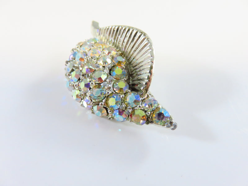 Vintage Shimmering Rainbow Iridescent Rhinestone Shell Silver Tone Brooch