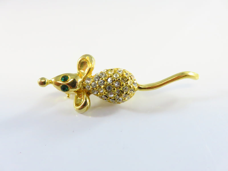 Running Mouse Lapel Brooch Pin Green Eyes Paved Rhinestone Body c1970's